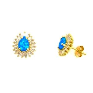 18K Gold Plated over 925 Solid Sterling Silver Blue Opal Stud Earrings